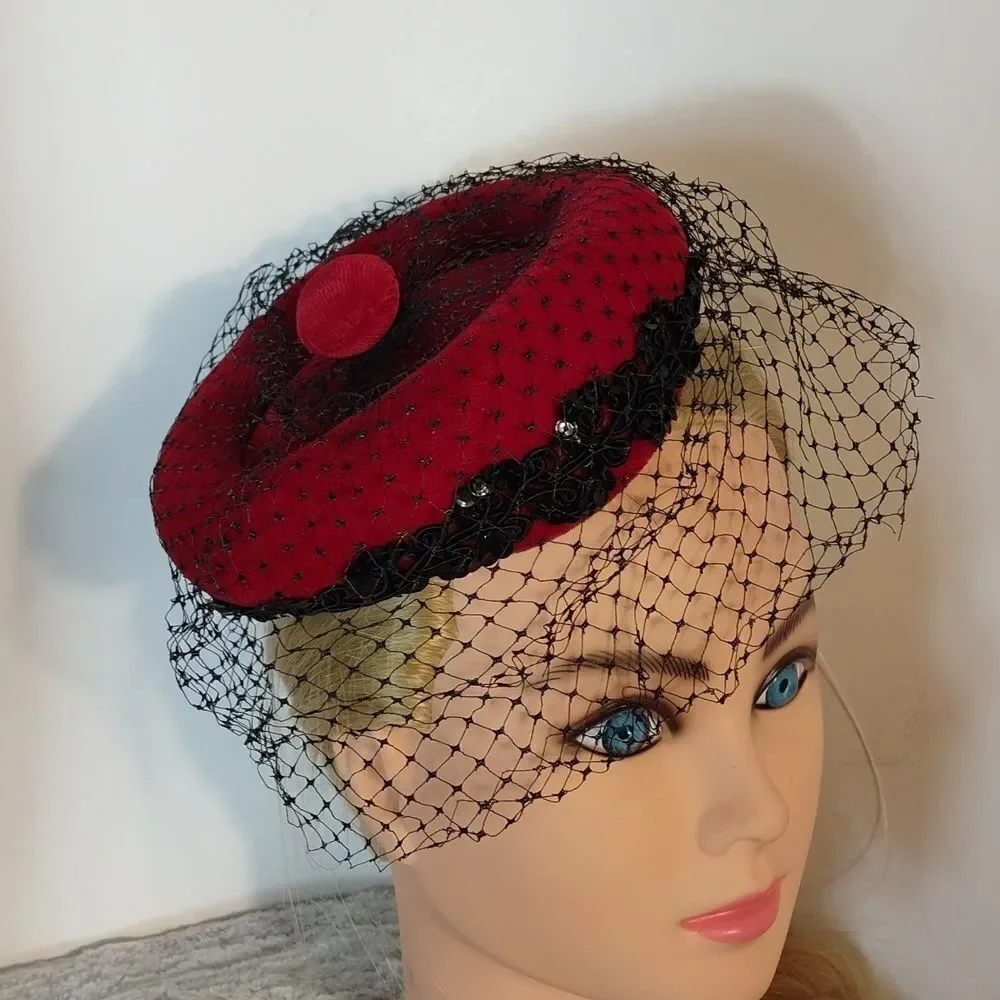 Union Made Vintage Red Velvet Black Sequins Fascinator Hat - Picture 5 of 5